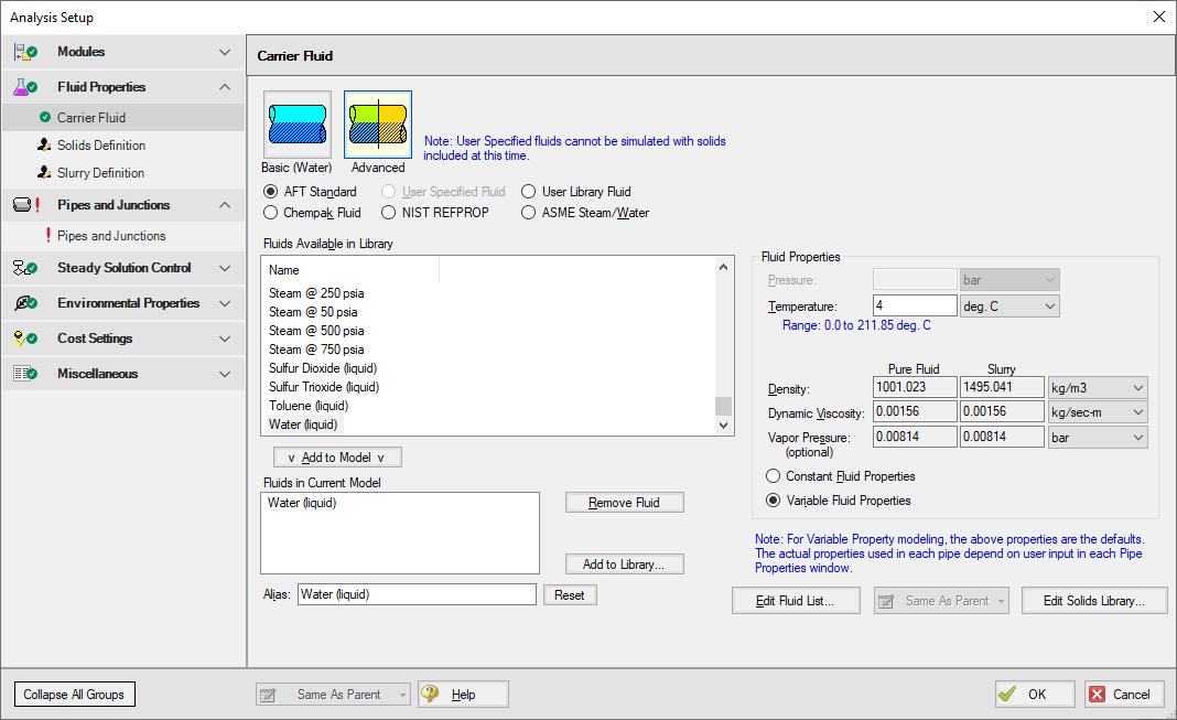 The Slurry Definition Panel in Analysis Setup for the Slurry with Variable Fluid Properties example.